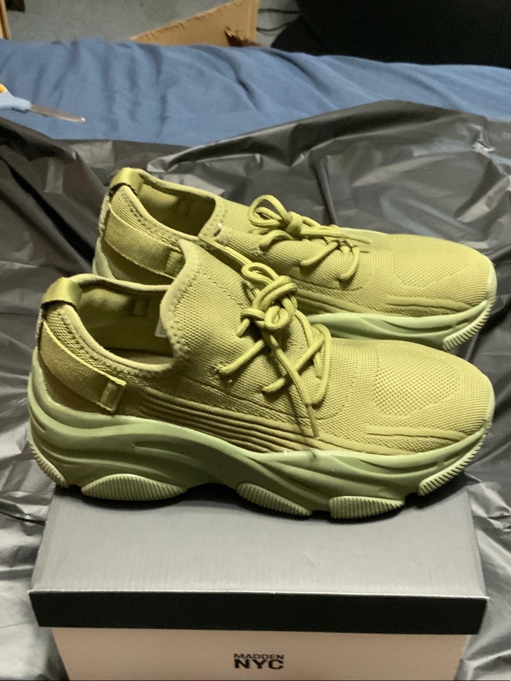 NYC Olive Lime Knit Chunky Sneakers